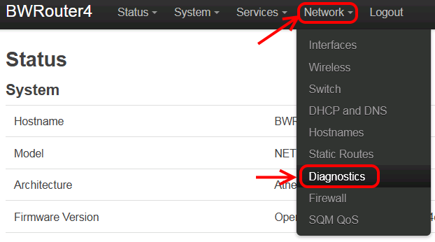 openWRT diagnostics menu item